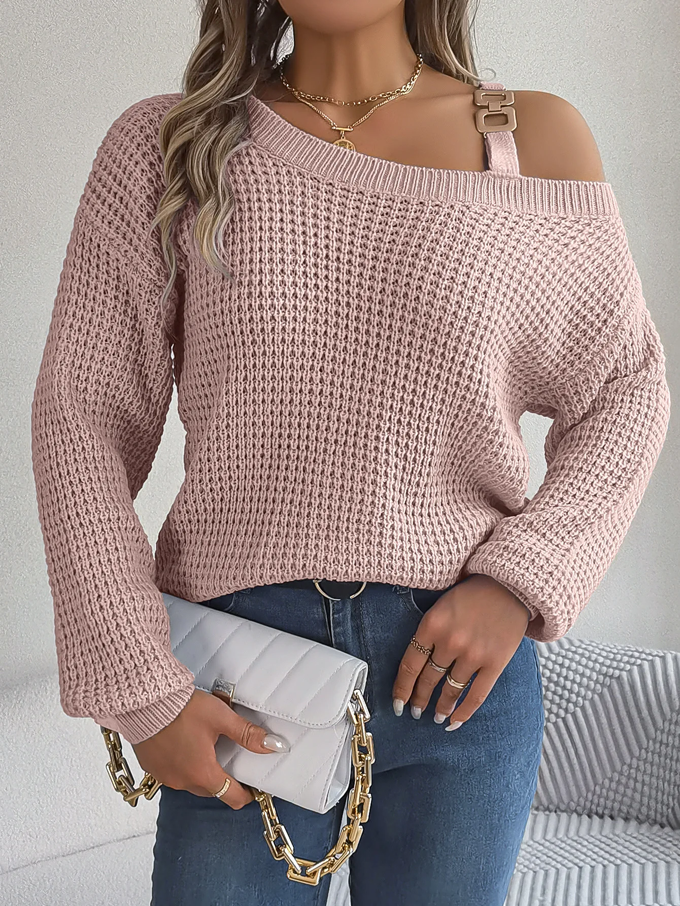 Autumn Winter Sexy Metal Buckle Off Shoulder Sweater Solid Color Slash Neck Lantern Long Sleeves Knitted Pullovers Women Clothes