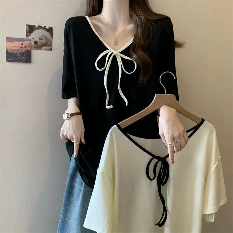 

Summer Plus Size Women's New Arrival Solid Color Sweet Loose Versatile Slimming V-Neck Spliced Tie-Strap Short Sleeve T-Shirt