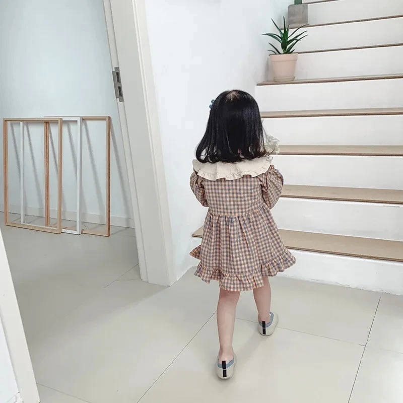 New Spring Girls Clothing Cute Children Dresses Kids Baby Girl Plaid Cotton Linen Lapel Collar Dress Long Sleeve Skirt