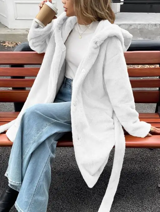 

Winter Elegant Hooded Long Sleeved Coat, Women's Solid Color Fashionable Casual Loose Single Breasted Warm Long Lambhair Coat