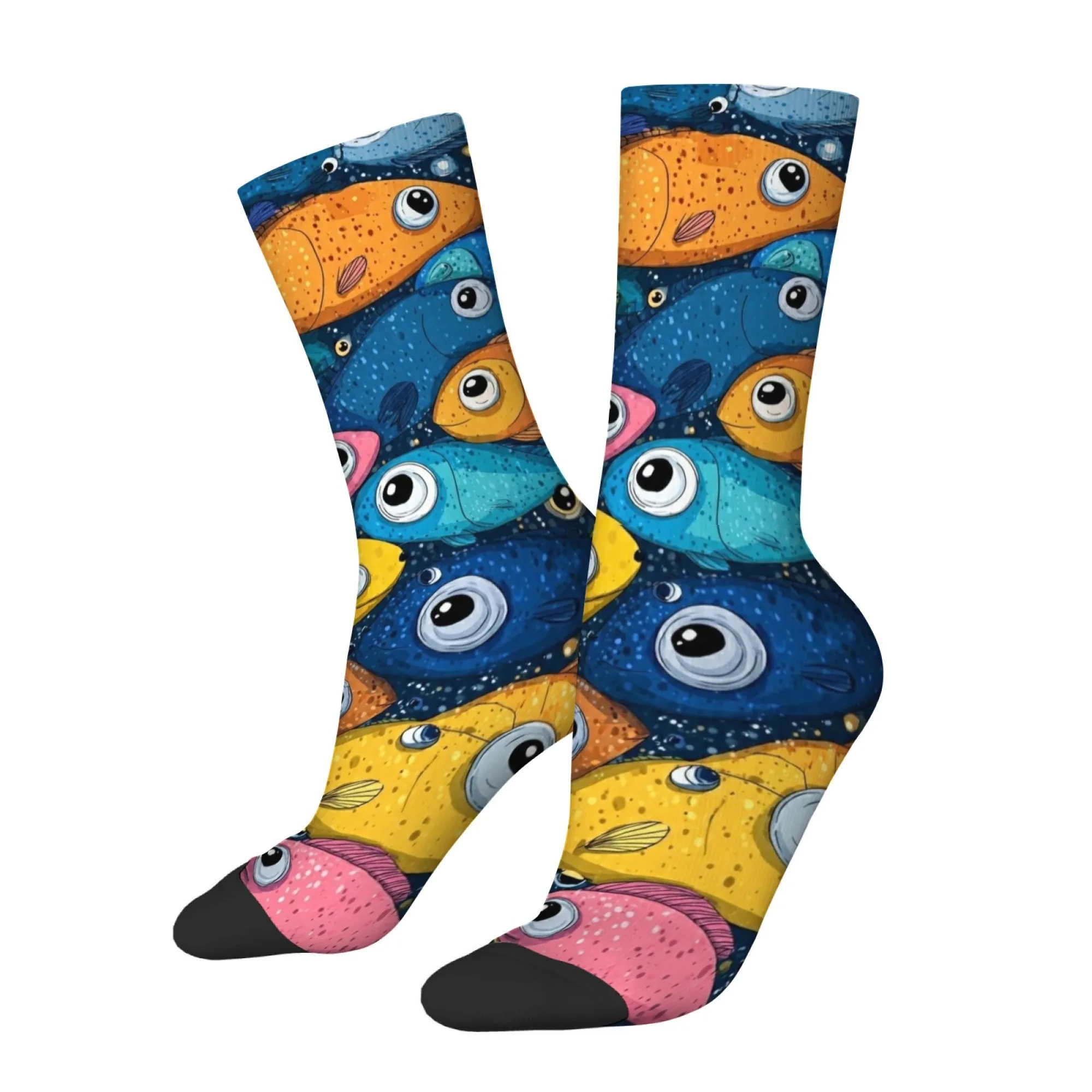 Cartoon Colorful Fish Print Men's Socks Fashionable Retro Quirky Hip-hop Street Sports Socks Comfortable Breathable Soft Socks