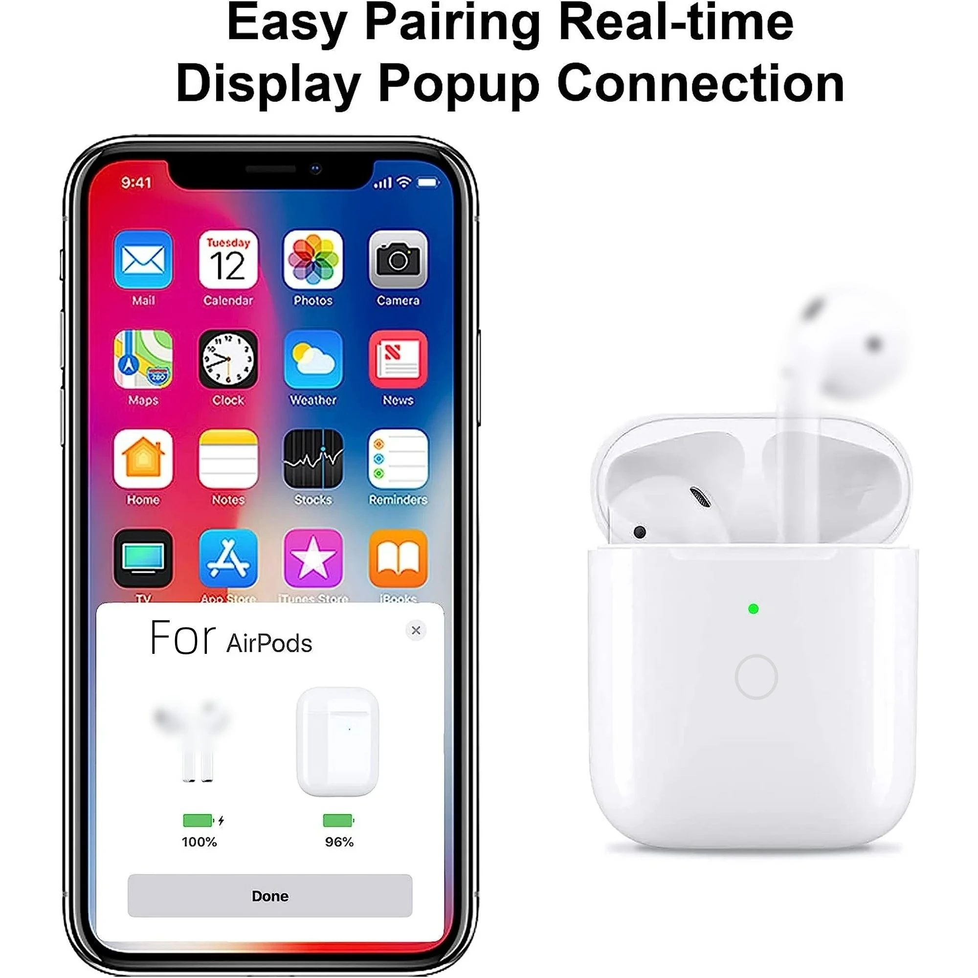 

Wireless Charging Case For AirPods 1st & 2nd - 620mAh Bin Charger Box W/ Bluetooth Sync Button ,For IOS/​Type-C Port, No Earbud