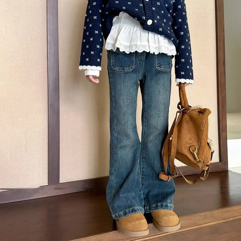 Girls Flare Jeans Korean Style Slim Fit Fleece Lined Autumn Winter Denim Pants Kids Students Casual Long Trousers