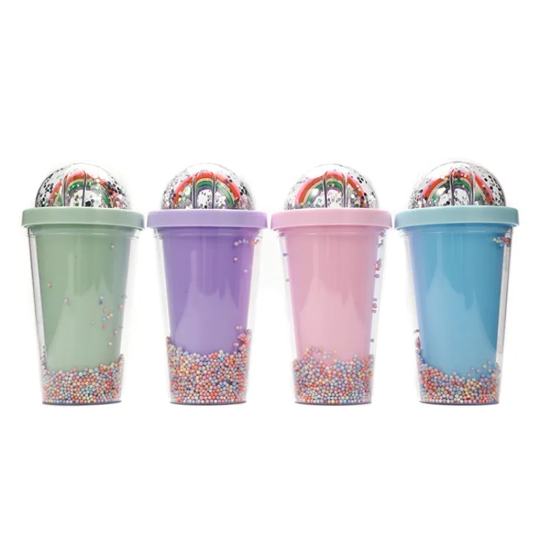 

Creative macaroon fashion double crushed ice glass Rainbow sequined glass lid plastic simple straw cups wholesale.