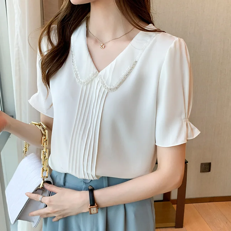 

Women Blouse Summer New Fashion Elegant Office Lady Shirt Women Sequined Collar Chffion Blouses