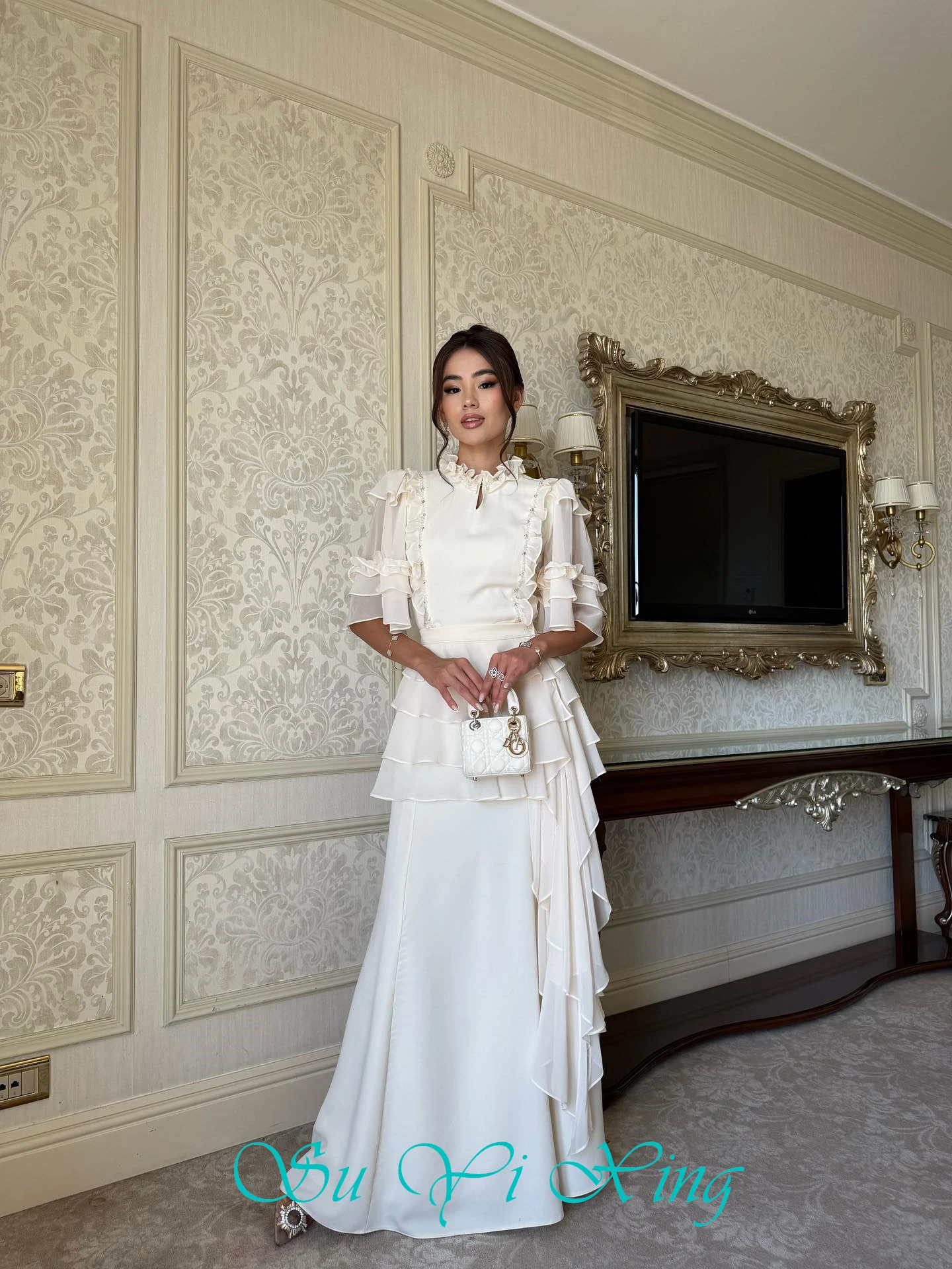 

Простое шифоновое вечернее платье цвета слоновой кости по индивидуальному заказу, классическое платье знаменитостей с круглым вырезом и короткими рукавами, нежное прямое платье для выпускного вечера с оборками