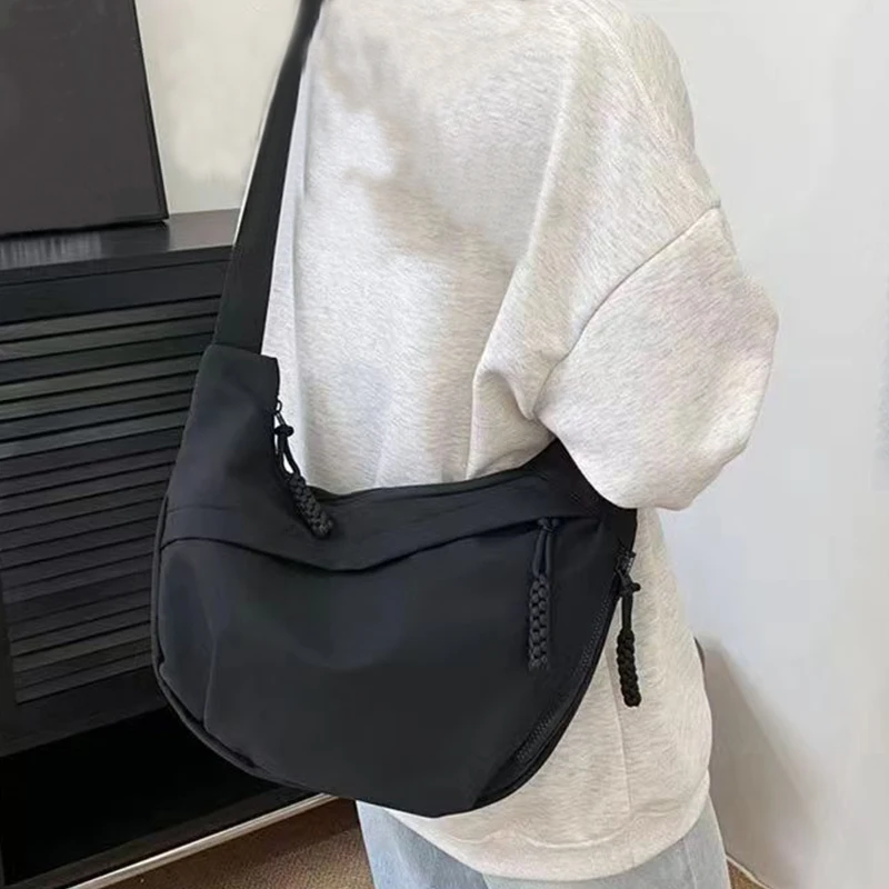 Casual Women's Nylon Crossbody Bag, Large Capacity Hobo Shoulder Purse with Adjustable Strap, Black/White/Khaki for Daily Use