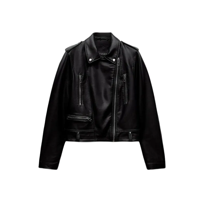 

Faux leather biker jacket The new spring 2024 traf lapel epaulet zipper adorn a cool black faux leather jacket for women