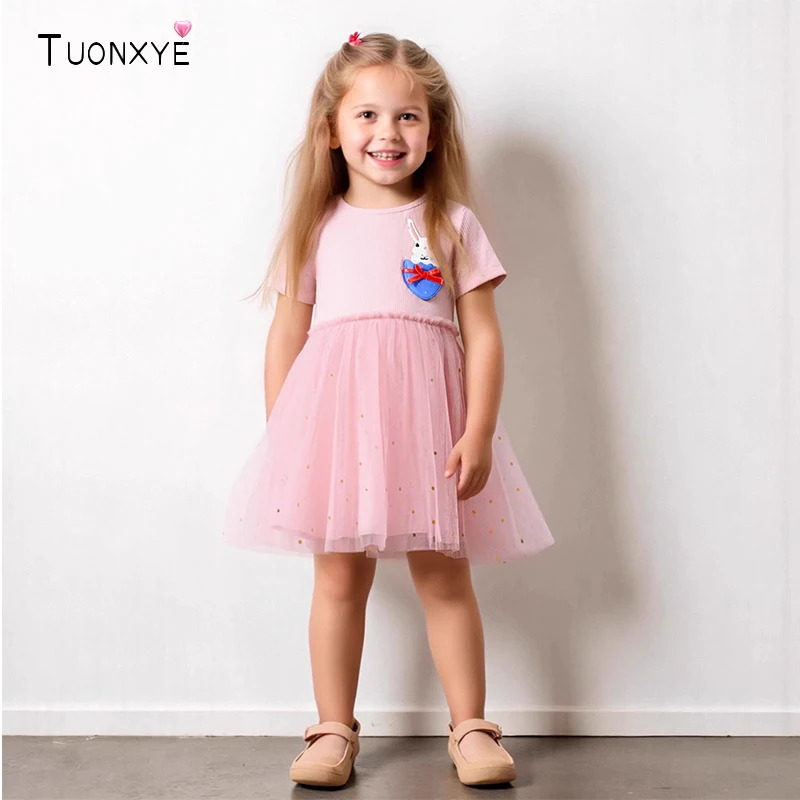 TUONXYE Elegantes Kleid für Mädchen, Netzkleider, Tierkaninchen-Applikationen, Baby-Mädchen-Partykleid, Kinder-Sommerkleid für Mädchen
