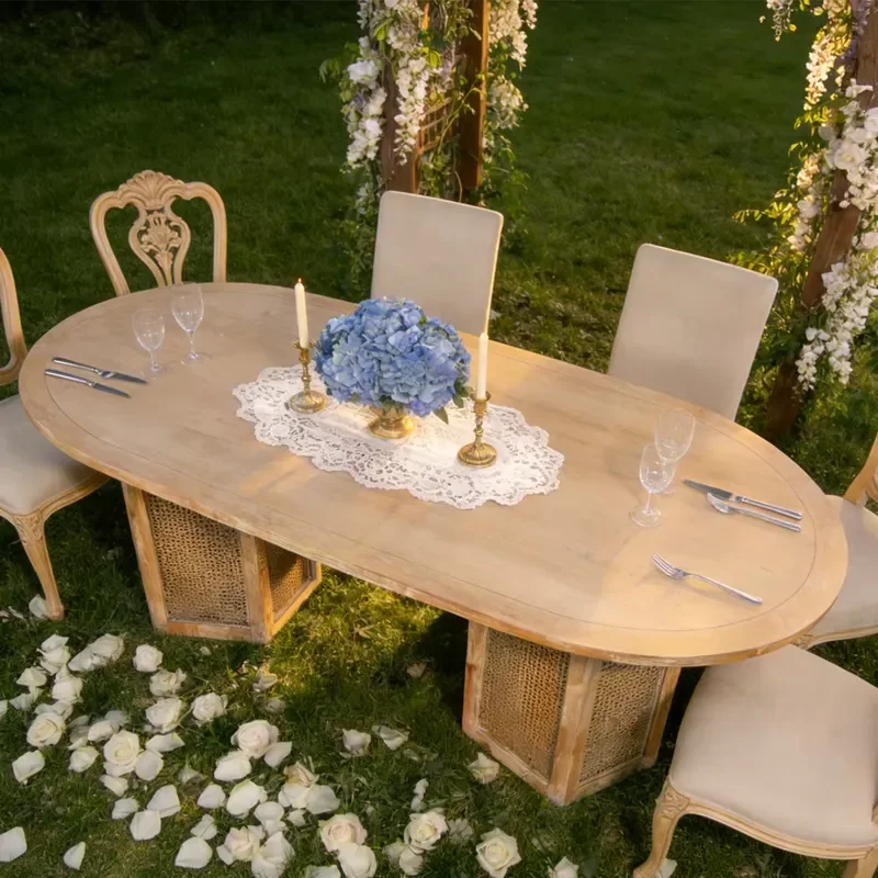 Nordic Modern Minimalist Oval Rattan Dining Table with Wooden Base for Large Space Wedding Event Rental Furniture Decor