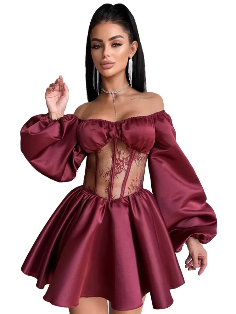 Autunno Y2k Abiti da donna Sexy Club Abito aderente in pizzo nero Manica lunga con scollo a V Mini abito Party Club Abiti da sera 2025