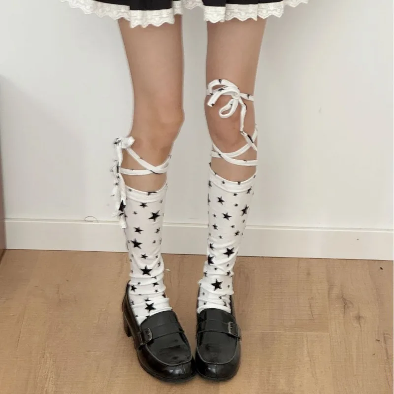 Women's Star Cross Strap Calf Socks JIK Girl Ankle Socks Polka Dots Tie Ins Style Sweet Mid-calf Socks with Foot Covers Set
