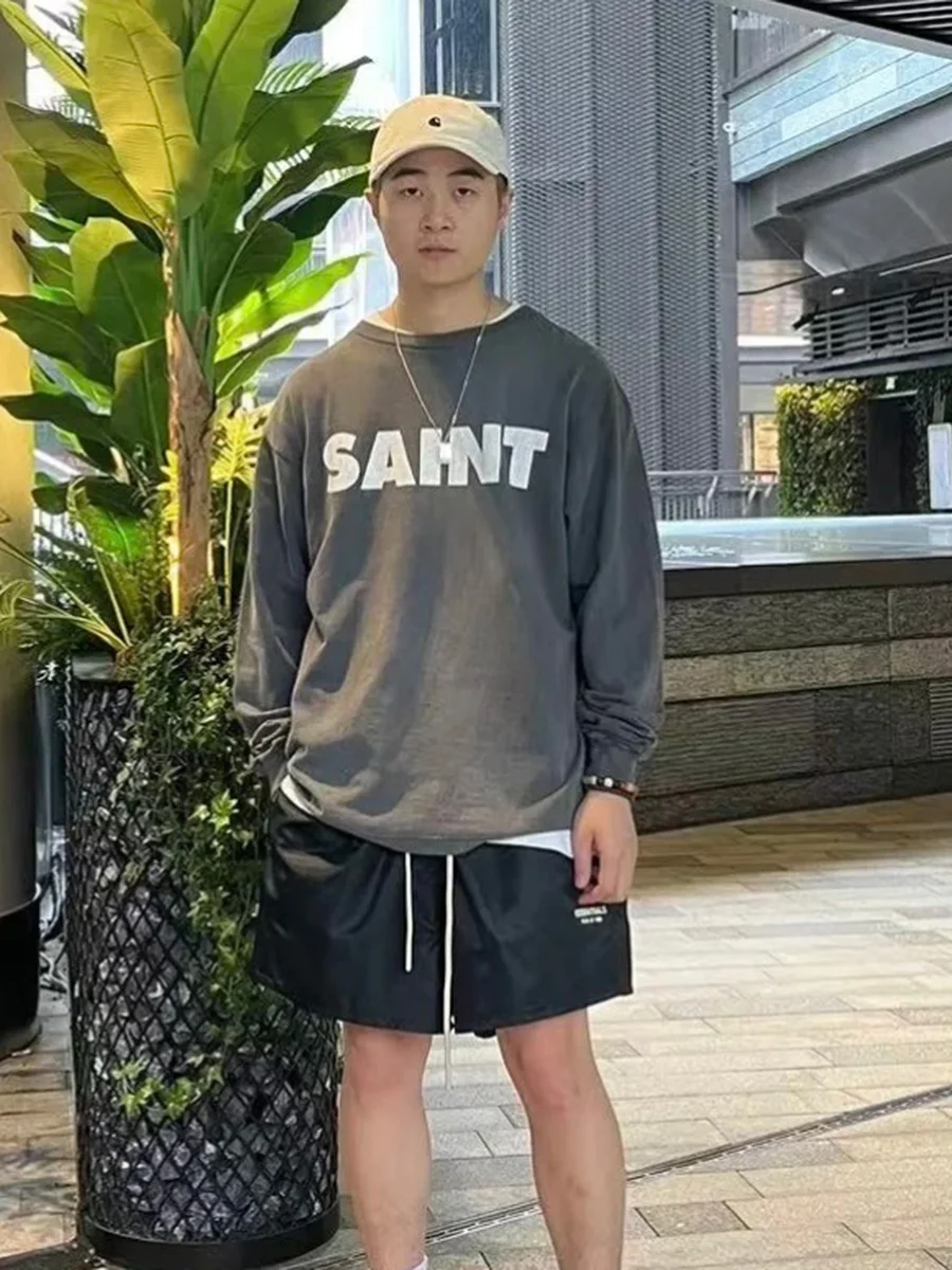 Classic Retro Streetwear Long Sleeve T-Shirt Heavy Washed Printed Loose Fit Cotton Breathable Casual round Neck Tee
