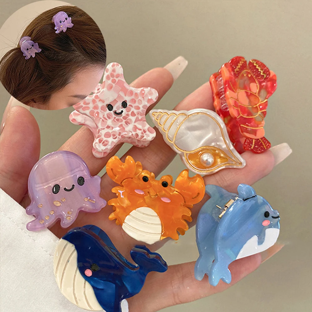 

Small Delicate Cute Childs Acetate Hair Clips Cartoon Whale Seahorse Crab Starfish Hairpins Side Bangs Girls Hair Accessories