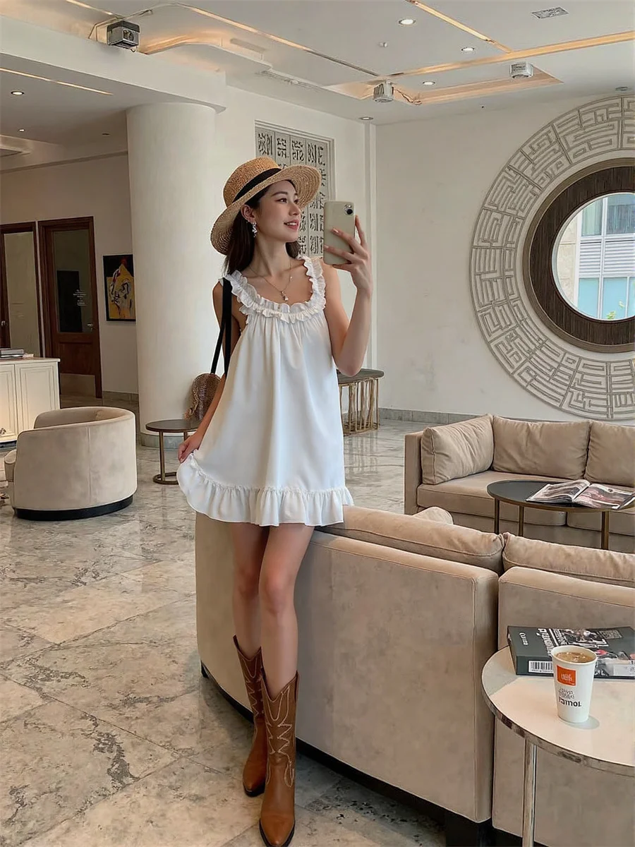 Women's White Dresses Woman 2025 Loose Mini Draped Sleeveless Cocktail Backless Bodycon Patchwork Beach Sweetheart Vintage