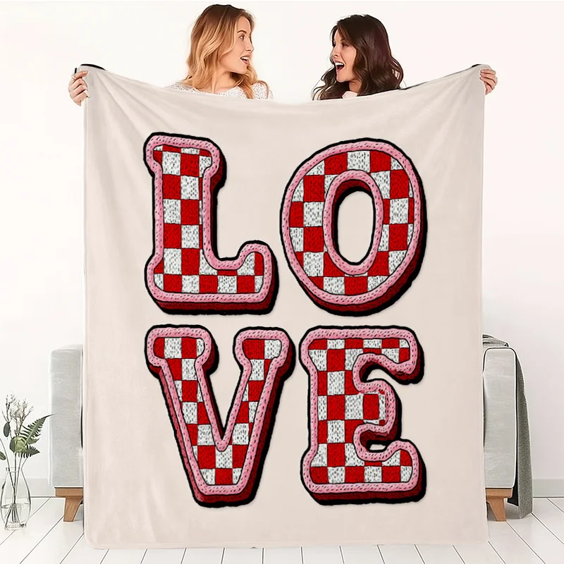 Cozy Oversized LOVE Initial Blanket Red White Checkered Throw for Sofa Couch Bedroom Winter Home Decor Gift 150x230cm