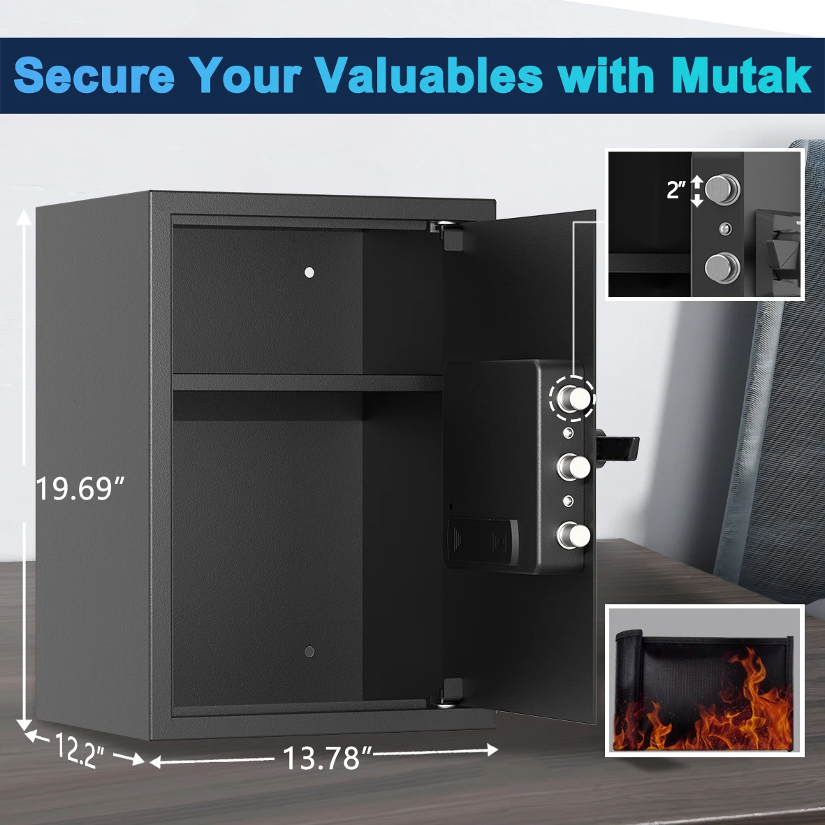 Mutak 1.2/1.7/2.3 Cub Biometric Home Safe w/ Fireproof Bag&Alarm,Office Home Security Safe Fingerprint Jewelry Money Safe Box