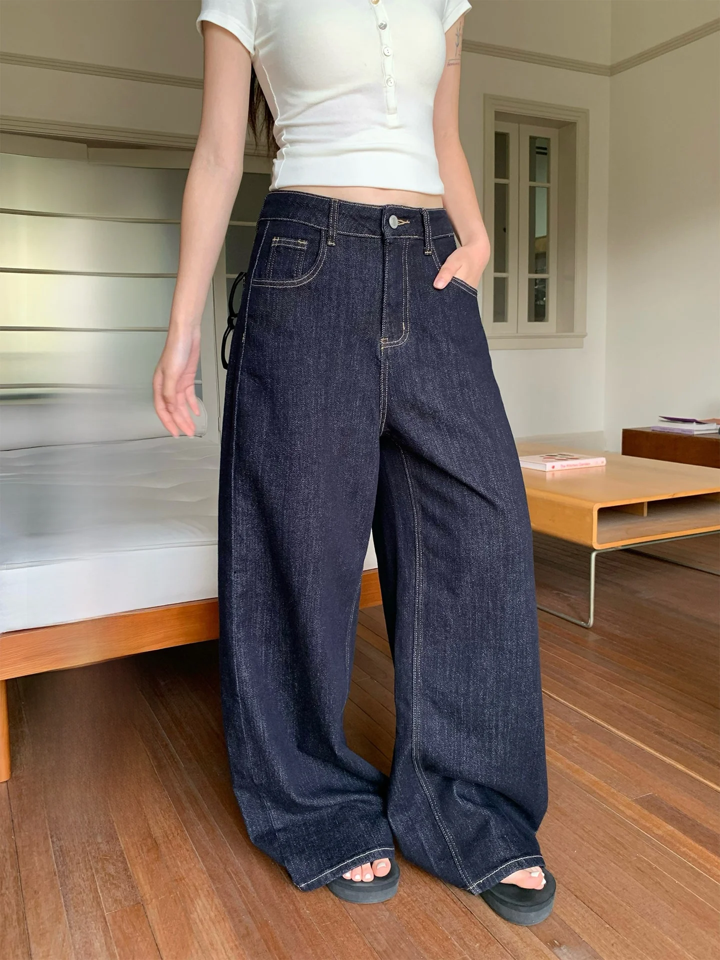 

Свободные женские джинсы Deep Blue с широкими штанинами в корейском стиле, прямые джинсовые брюки на зиму, с пуговицами на талии, универсальный крой