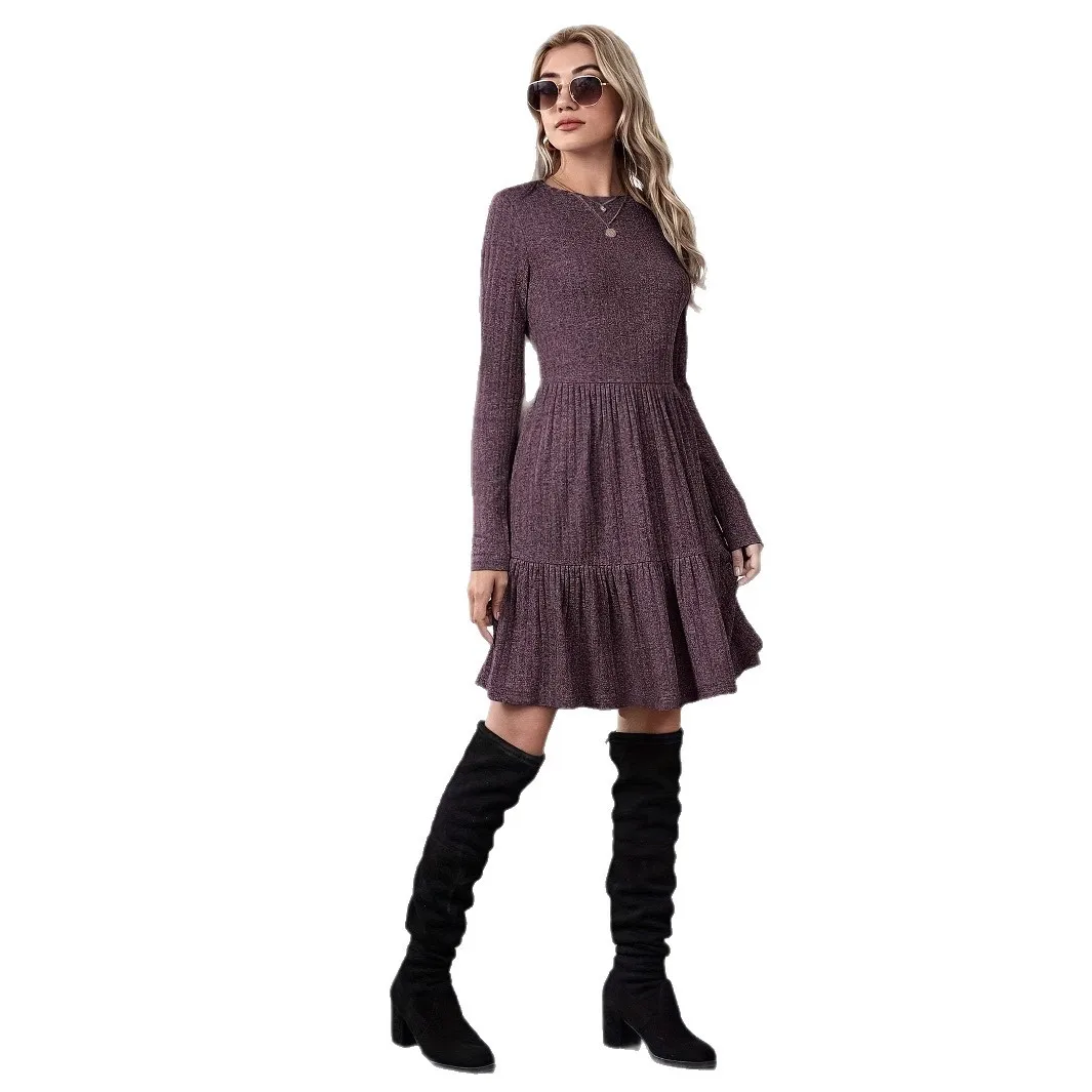 เดรสไหมพรมแขนยาวทรงเอไลน์ คอโอ ลายทาง ทรงหลวม จีบระบาย สไตล์เรโทร สำหรับฤดูใบไม้ร่วงและฤดูหนาว ปี 2025 ยุโรปและอเมริกา