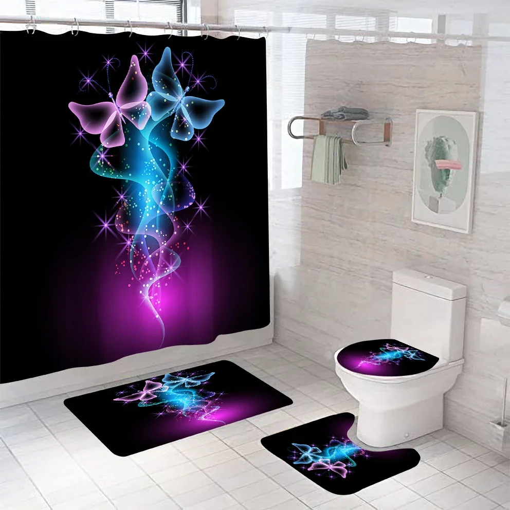 Colorful Butterfly Shower Curtain Set Waterproof Bathroom Anti-slip Bath Mat Toilet Rugs Carpet Home Decor