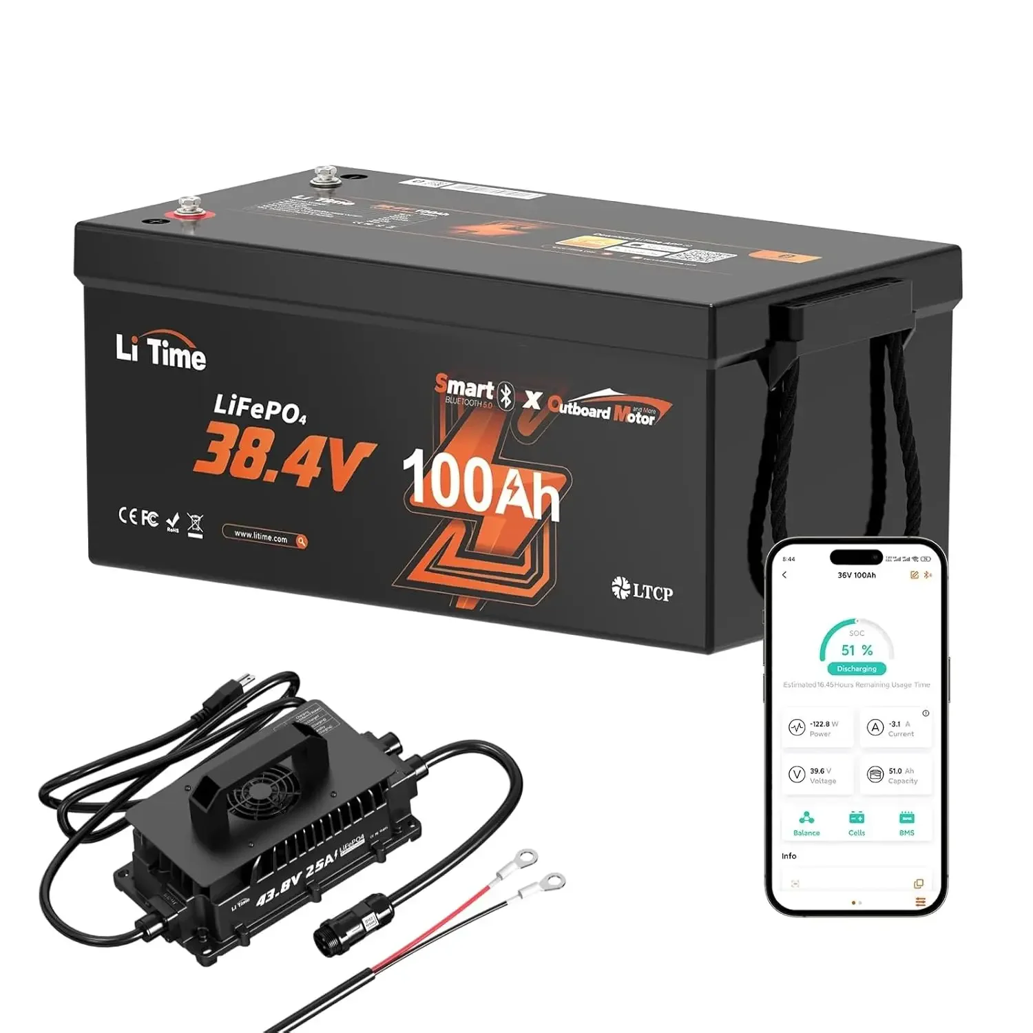 

36V 100Ah Trolling Motor Lithium Battery with Bluetooth 5.0, Low-Temp Protection LiFePO4 Battery with 43.8V 25A, Customized