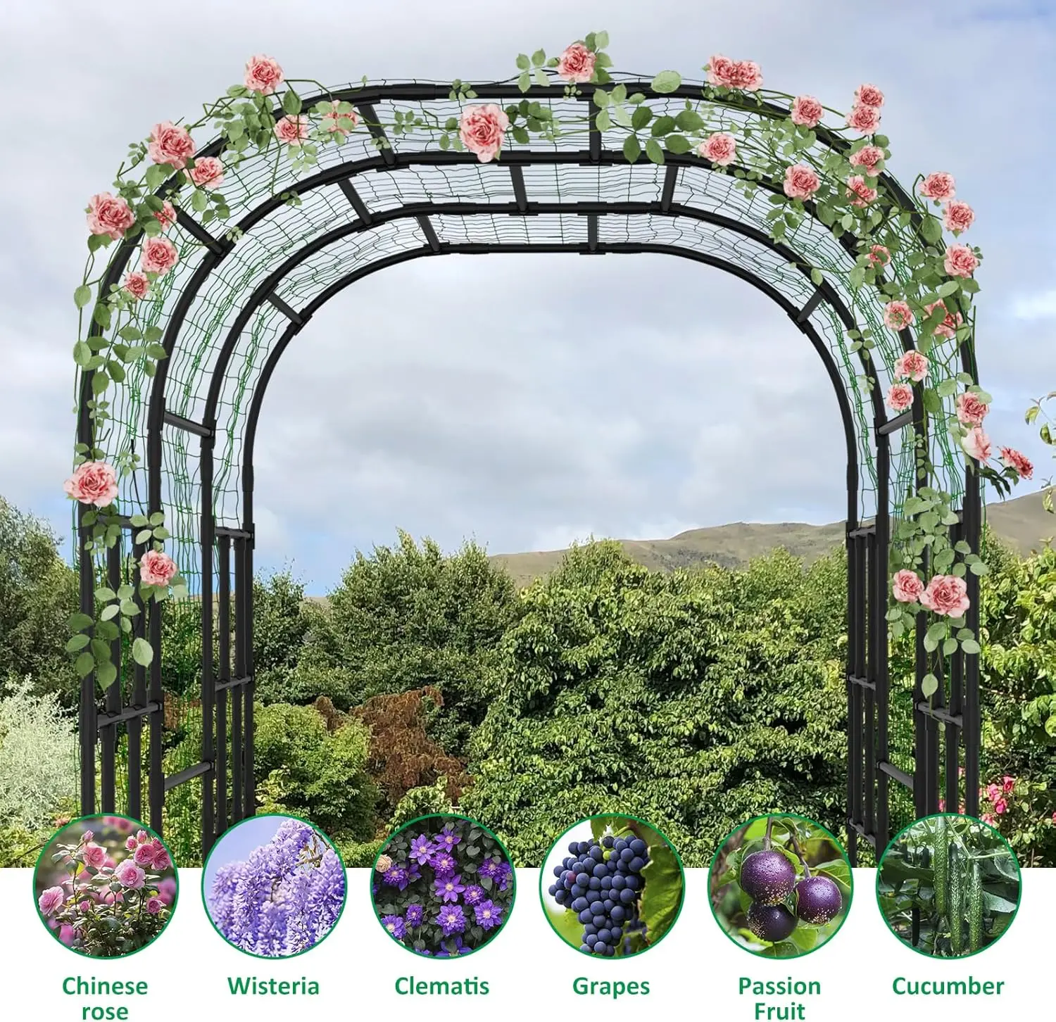 87in H x 79in L Garden Arch Arbor Trellis for Climbing Plants Outdoor - Tall Metal Garden Arch Archway for Lawn, Party, Ceremony