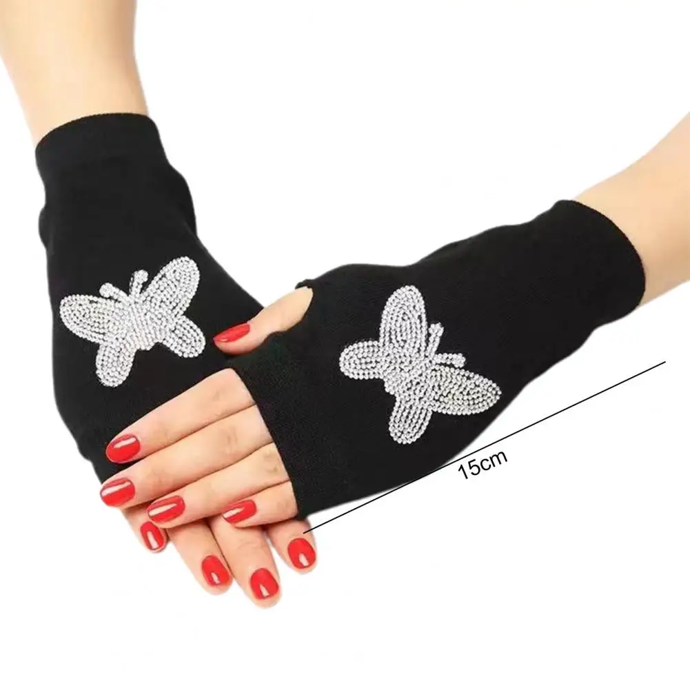 Women Gloves Rhinestone Fingerless Half Finger Thumb Hole Black Stretchy Autumn Winter Adults Gloves Stage Performance Supplies