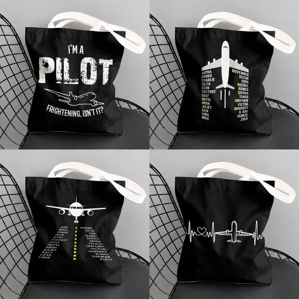 Aircraft Pilot Print Storage Bags Large Canvas Tote Bag Double-Sided Print Reusable Shoulder Handbag for Daily Shopping