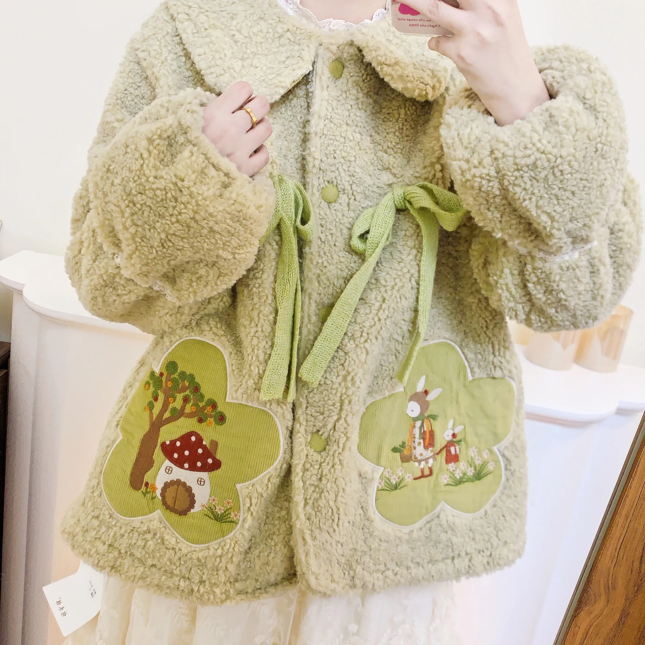 Sweet Winter Fleece Patchwork Corduroy Bow Green Coat for Women Vintage Retro Chic Cottage Core Goblincore Kawaii Lolita Coat