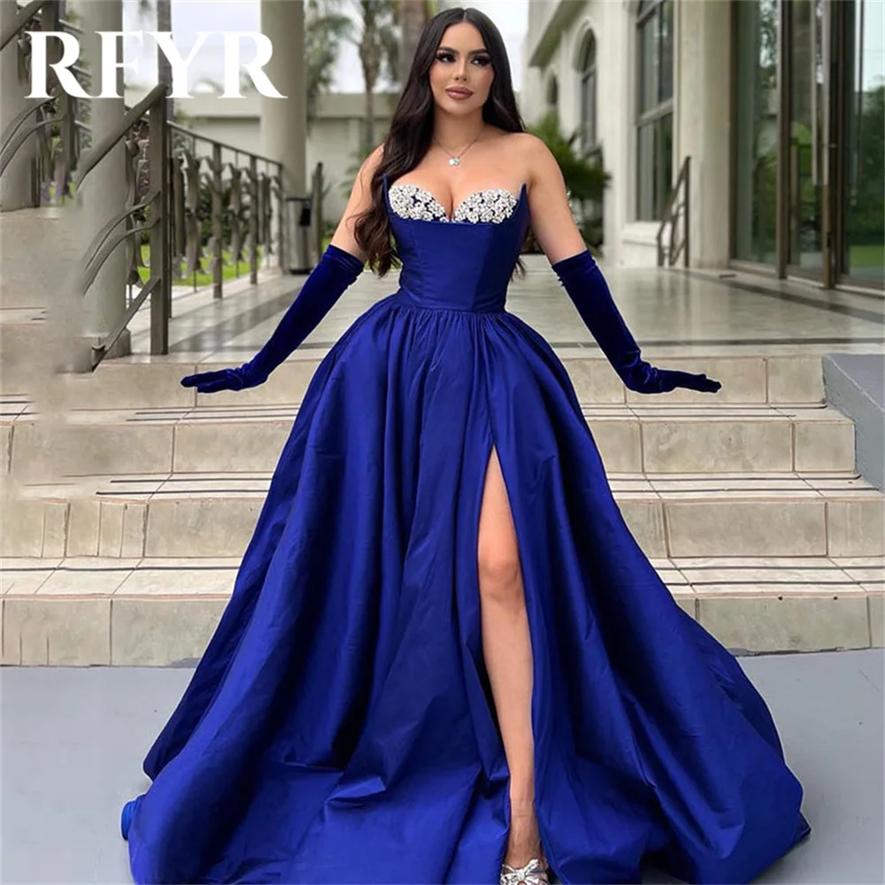 

RFYR Dubai Blue Sweetheart Evening Dress with Pleat Satin A-line Prom Dress Off the Shoulder Splits Formal Party Gown Customized