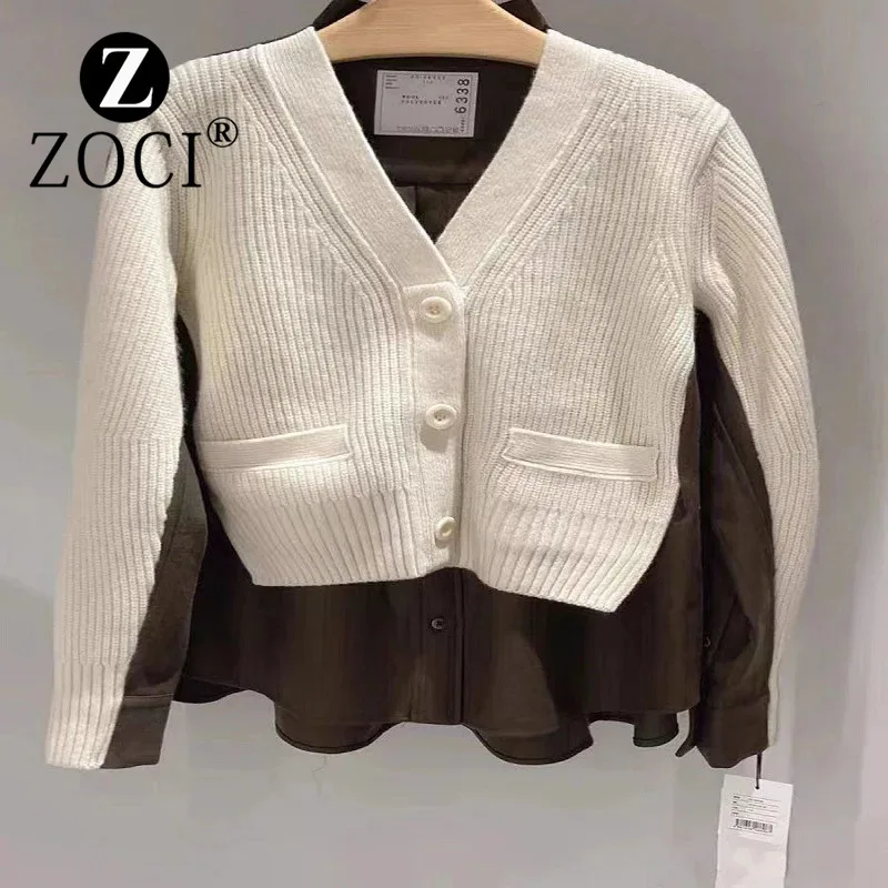 

[ZOCI] 2024 Autumn Jacket Early Style Top Knitted Cardigan Striped Patchwork Long Sleeved V-neck