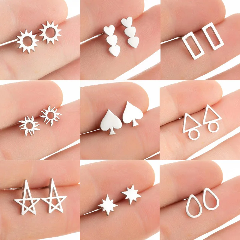 Stainless Steel Cute Star Sun Heart Stud Earrings for Women Girls Minimalist Triangle Water Drop Earings Jewelry New Year Gift