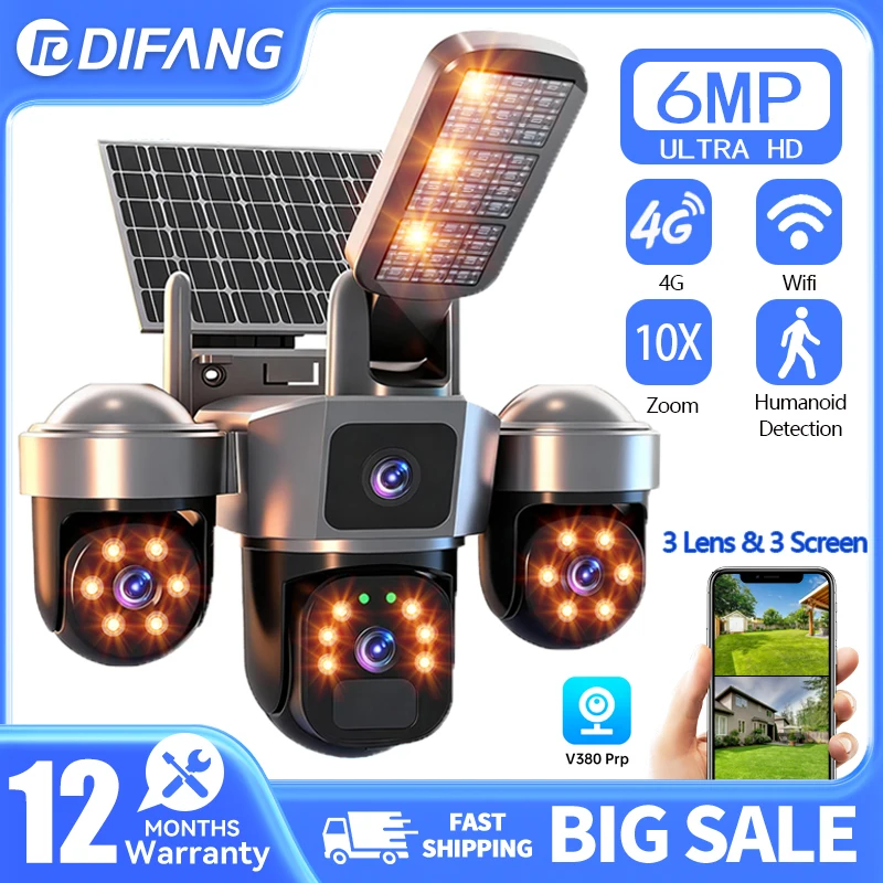 

6MP Auto Tracking PTZ Solar Camera Outdoor Wireless, Human Detection PIR WiFi IP Camera with Siren, 2K Solar Powered CCTV