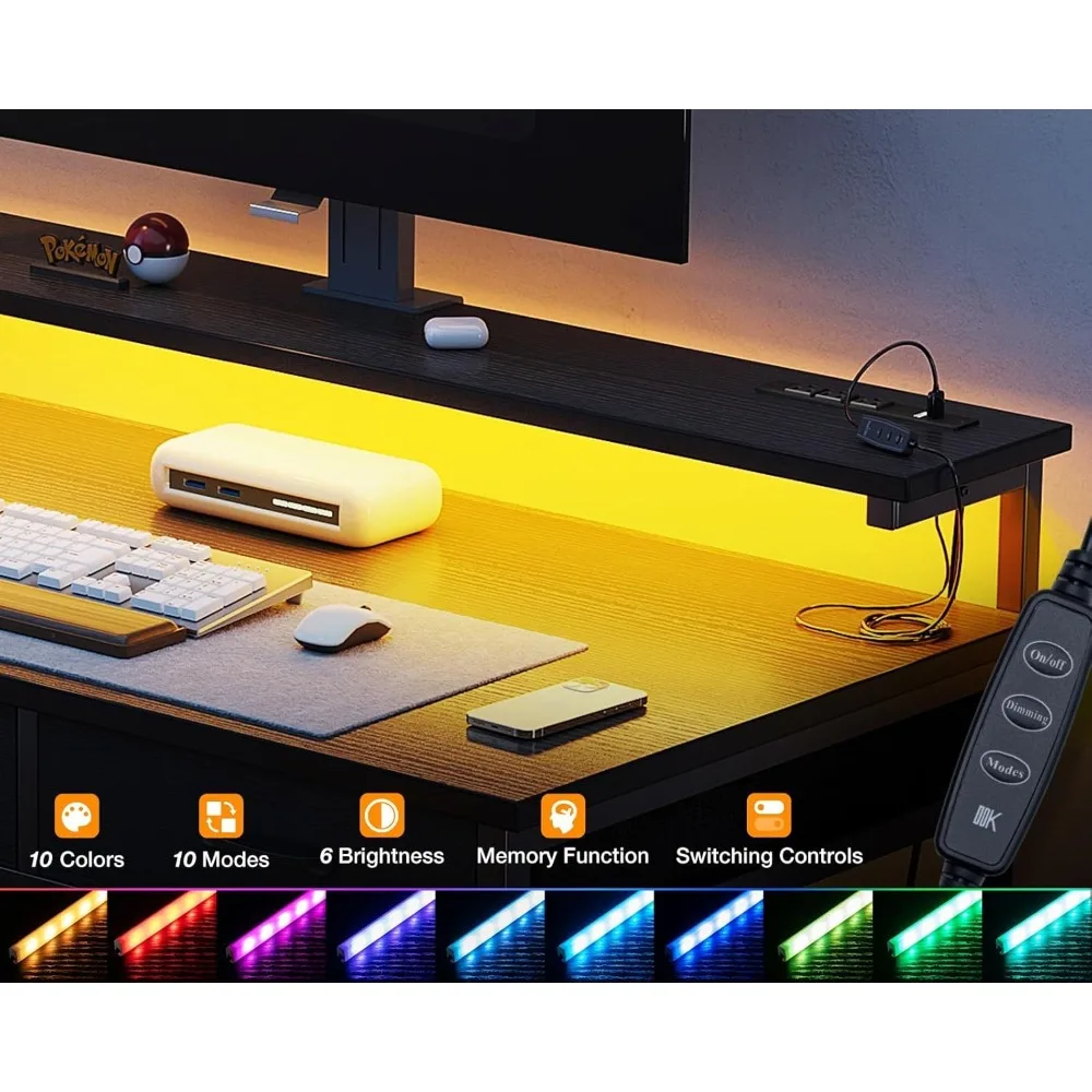 مكتب كمبيوتر بعرض 54 بوصة مع 3 أدراج، ومنافذ شحن USB، وأضواء LED، وحامل شاشة قابل للتعديل للاستخدام المنزلي والمكاتب #4