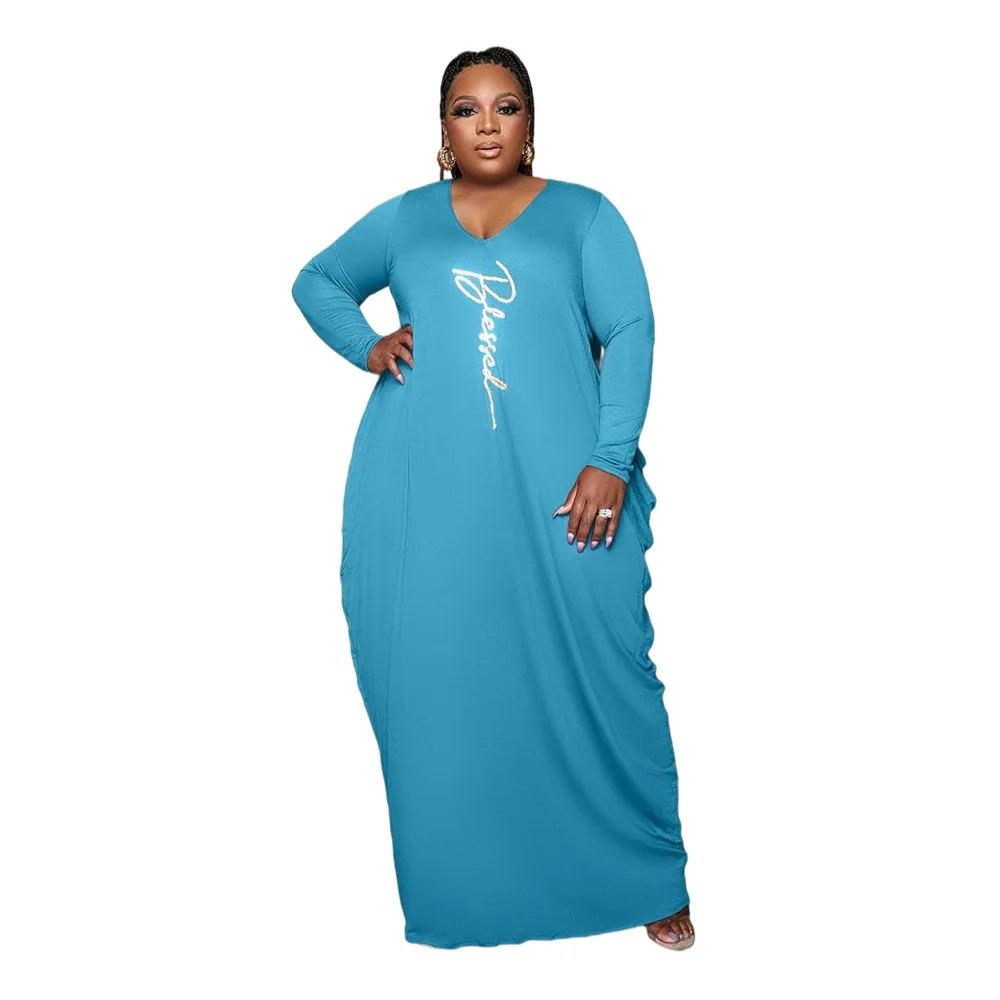 Elegant Plus Size Dresses for Women 4xl 5xl Printing V Neck Long Sleeve Pocket Side Pleated Stretch Loose Maxi Dresses Wholesale