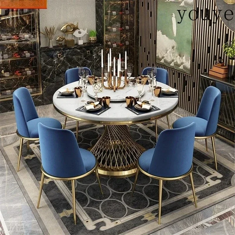Juego de mesa de comedor redonda de lujo de diseño, con tablero de mármol, 6 sillas, mesa de comedor, sillas, muebles, base de acero inoxidable dorada