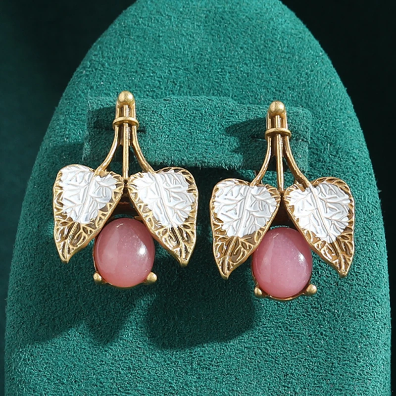 

Vintage Enamel Earrings Oval Pink Natural Stone Antique Gold Color Leaf White For Woman Accessories Summer Jewelry New In 2025