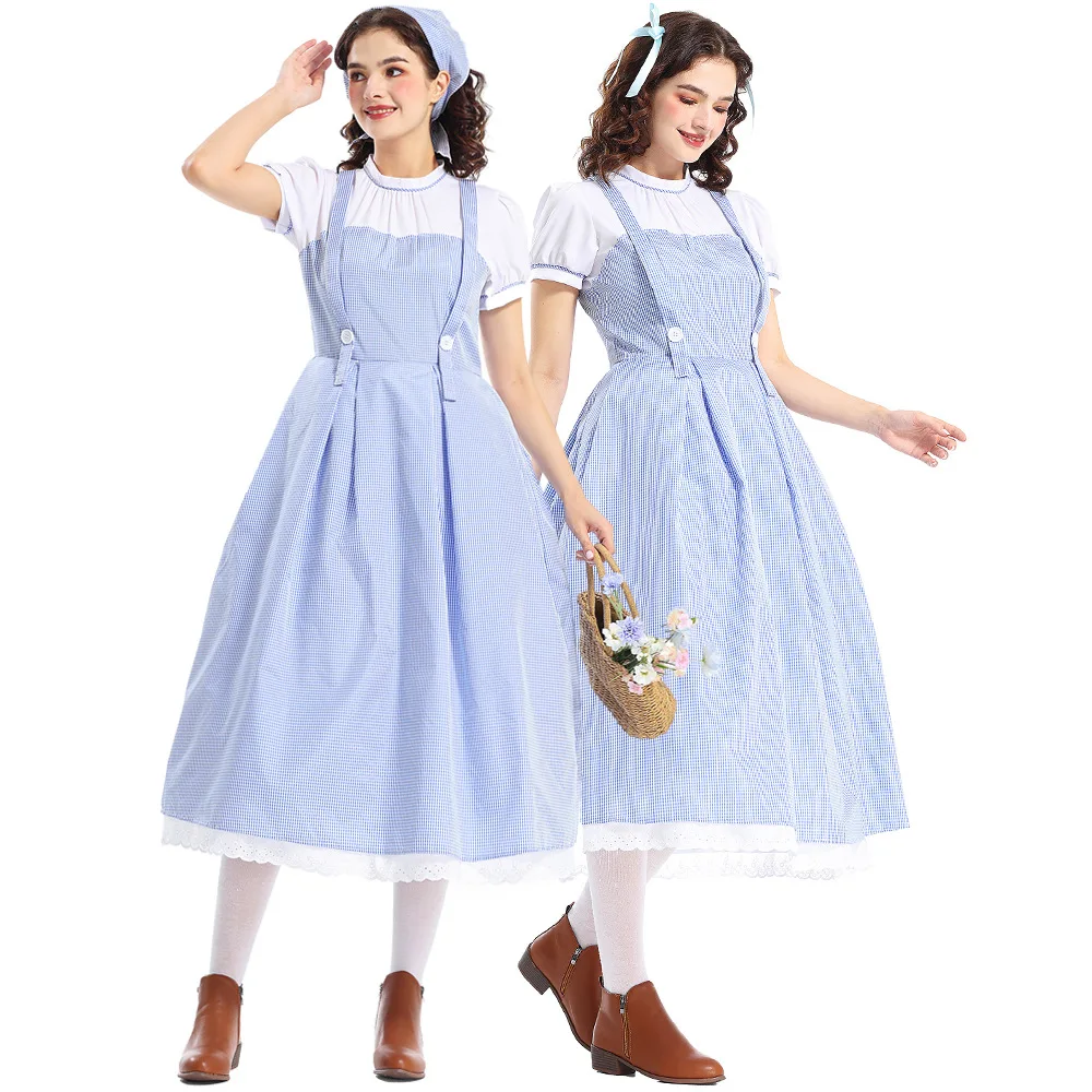 

Halloween Costume Stage Play Performance Blue Plaid Farm Clothes