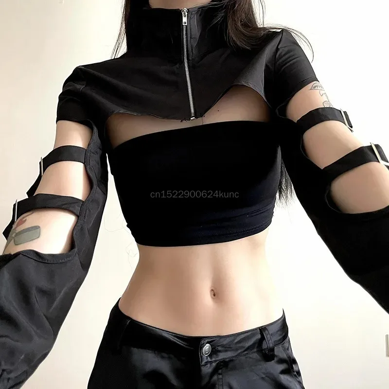 

New Women Black Punk Harajuku Crop Tops Gothic Long Sleeve Hollow Out Zipper Short Jacker Y2K Grunge Streetwear Dancing Clothes