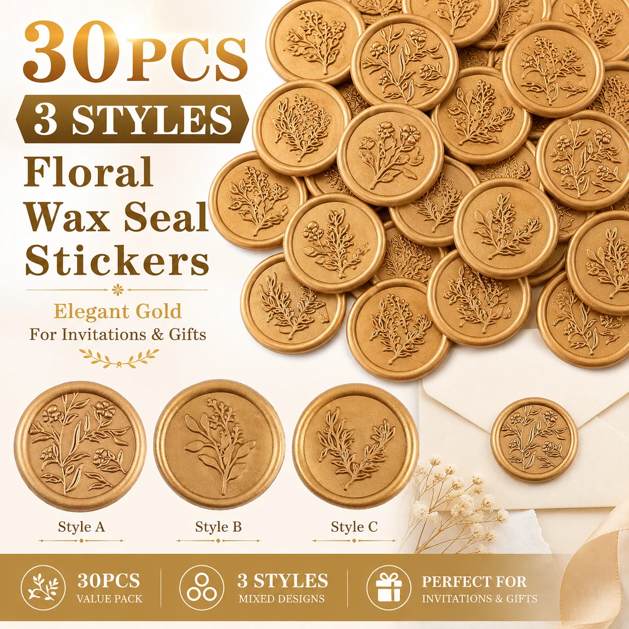 30PCS Gold Floral Wax Seal Stickers, 3 Styles Vintage Botanical Self-Adhesive Wax Seals for Wedding Invitations, Envelopes, Gift
