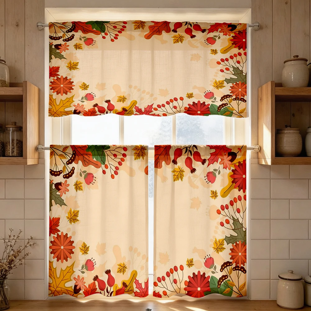 Fall Kitchen Curtains, Autumn Berry Leaf Borders, Digital Print, Kitchen Dining Room, Rod Pocket Polyester, Home Decor