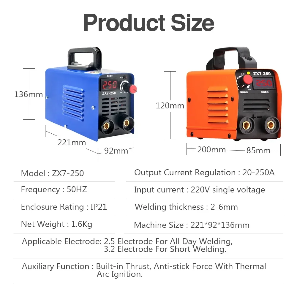 Portable Arc Welding Machine IGBT DC Inverter Welding Machine 250A 220V110V Household Small All-Copper Electric Welding+2M Cable