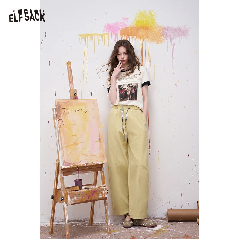 

ELFSACK Women's Wide Leg Pants with Drawstring, Relaxed Casual Trousers for Summer, Chic Baggy Slacks with Elastic Waist