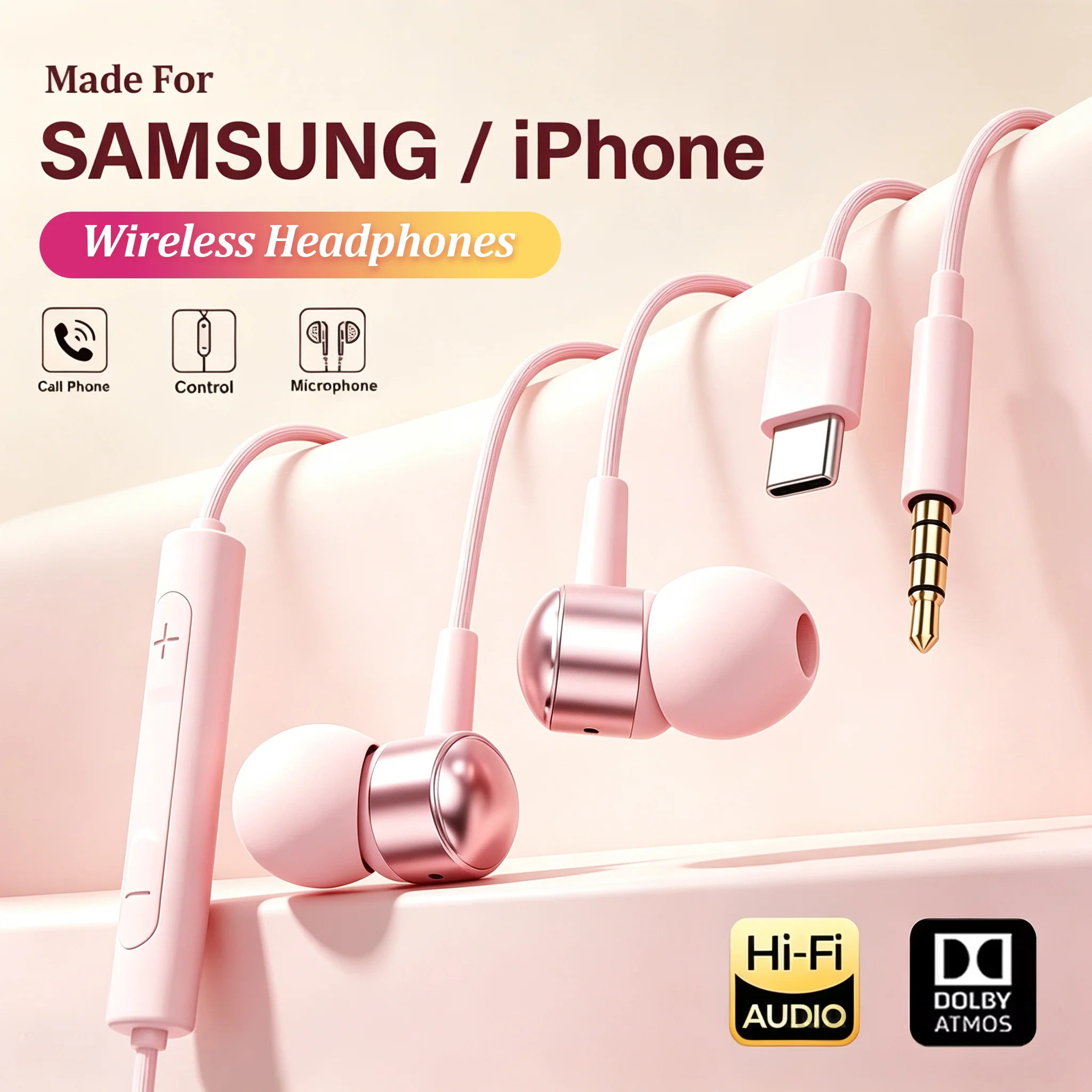 Usb c fone de ouvido alta fidelidade baixo estéreo controle volume microfone tipo c 3.5mm com fio para galaxy s25 s24 s23 ultra iphone 16 15 pro max