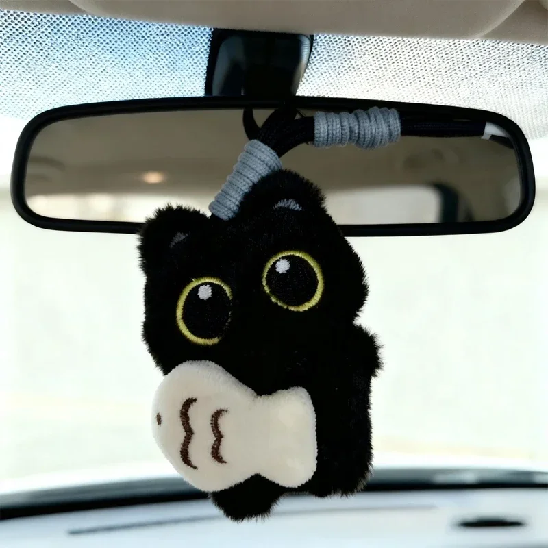 Cool Plush Black Cat Rearview Mirror Pendant Decoration Cute Keychain Bag Charm Car Accessory - view 2