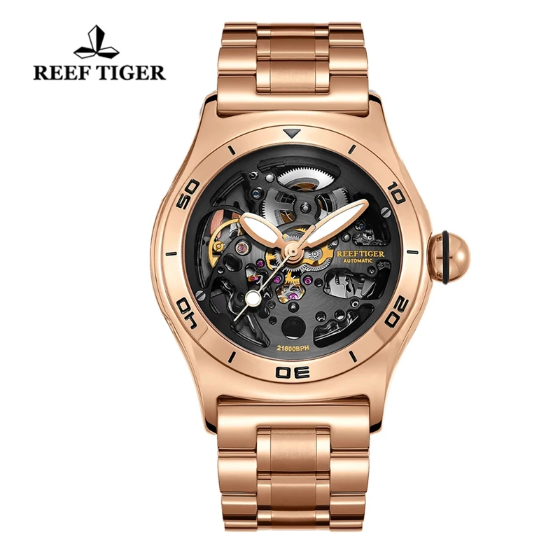 Reef Tiger/RT Luxury Rose Gold Men Sport Watches Skeleton Automatic Mechanical Watches Unique Convex Mirror Design Watches