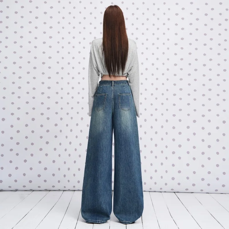 Women Vintage Blue Seam‑Split Whiskered Washed Jeans 2026 Early Autumn Slim Draped Casual Wide Leg Baggy Denim Long Pants Y2K