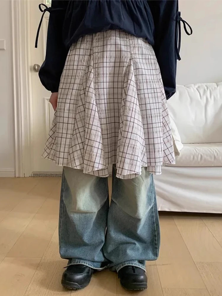 

Chic Vintage High Waist Midi Plaid Skirt with Layered Asymmetrical Splicing Design Korean Sle Loose Fit Office Commute Skirt
