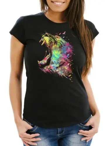 Damen T-Shirt Screaming Lion Natur Farben Bunt Colors Moonworks®