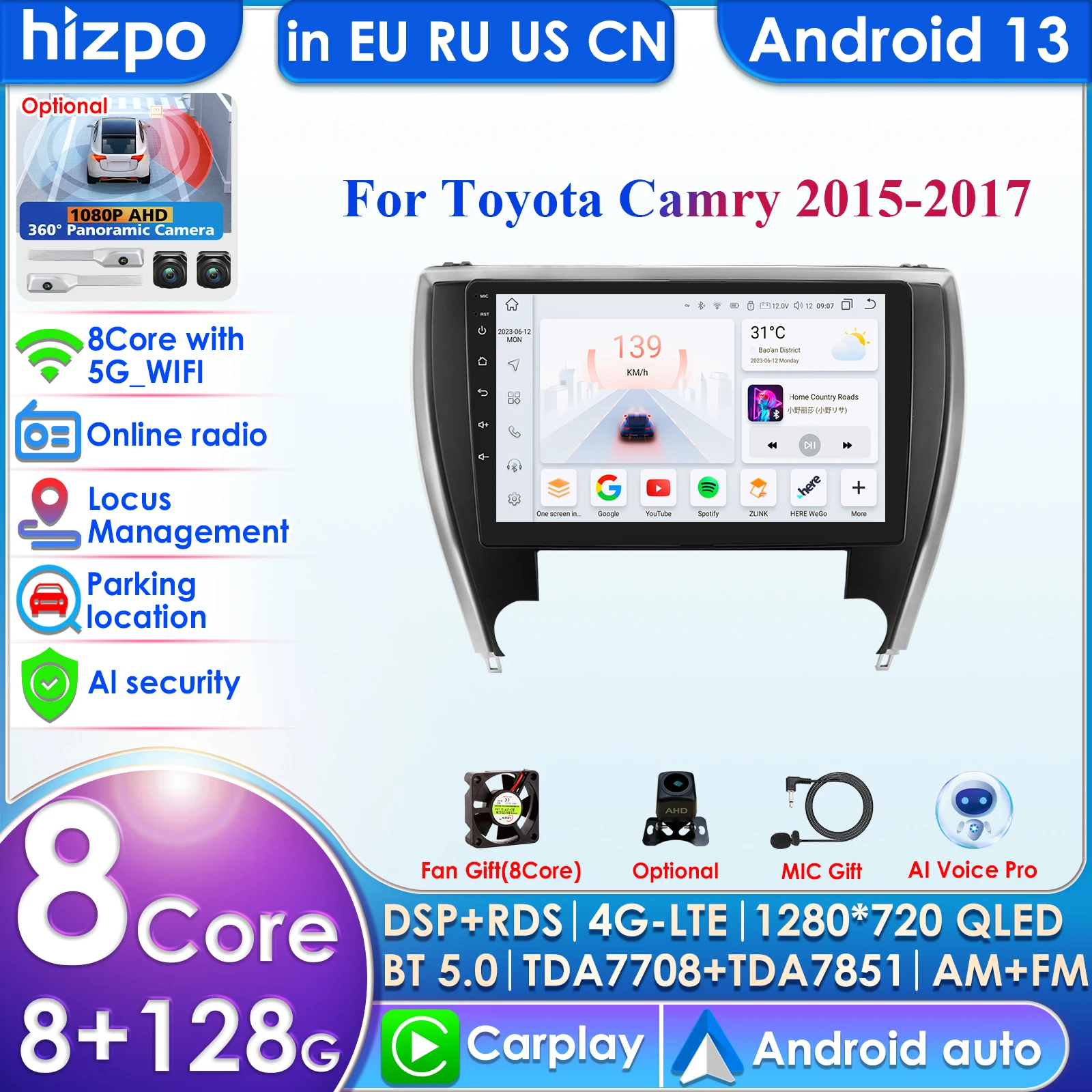 Android 13 AutoRadio GPS for Toyota Camry 7 XV 50 55 2015 2016 2017 Car Radio Multimedia Video Player Navigation 2Din Carplay AI